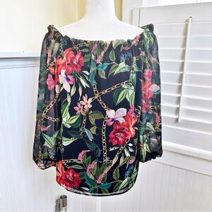 Frank Lyman Montreal Black & Red Floral Chiffon Off Shoulder Pheasant Blouse